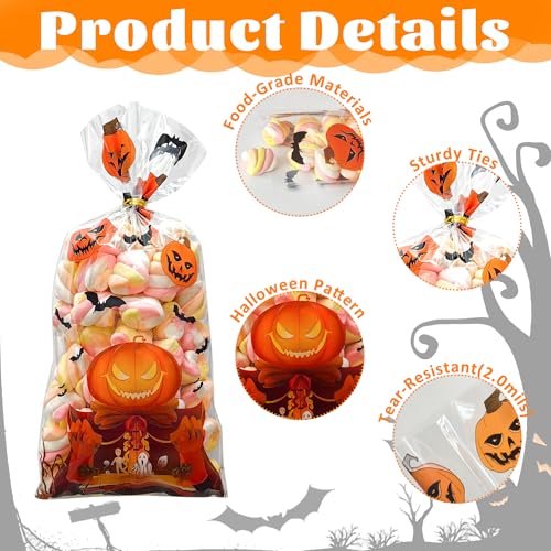 Soarvita Halloween Treat Bags – 50pcs Clear Goodie Bags with 60pcs Twist Ties for Candy Cookies and Gifts Packaing, Halloween Trick or Treat Party Favors Wrapping - color: Halloween-50pcs