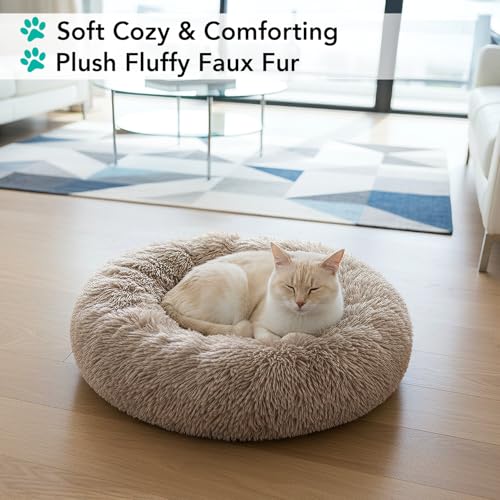 PetAmi Calming Donut Dog Bed, Washable Faux Fur, 23 Inch Small, Taupe | Warm Shaggy Faux Fur and A Deep Nest Help Anxious Pets Curl Up and Sleep Soundly. Perfect for Puppies, Cats, and Rescues. - color: Taupe, size: Small - 23"