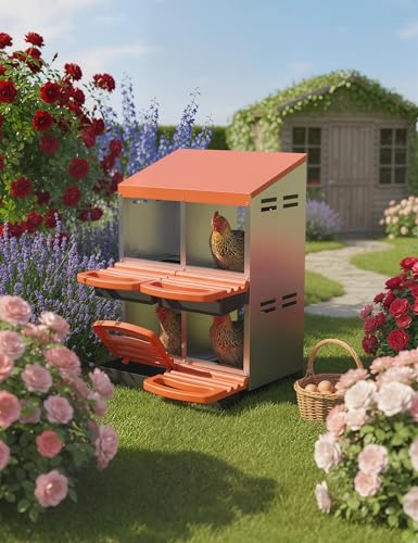 GarveeLife Chicken Nesting Box 4 Hole, Galvanized Steel Nest with Roll Away Egg Collection & Swing Perch, Easy-Clean Laying Box for Hens, Heavy Duty Design for Chicken Coop - color: Orange, size: 4 holes 2 layers