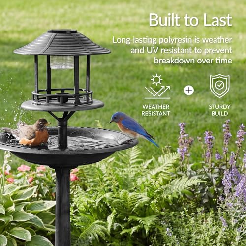 Best Choice Products Solar Outdoor Bird Bath Vintage Resin Pedestal Fountain Decoration for Yard, Garden w/Planter Base, Feeder, Decorative Bird Cage, Fillable Stand - Black - color: Black