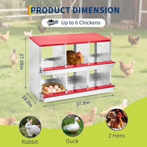 Chicken Nesting Box, 2-Tier 6 Compartments Metal Poultry Nest Box, Hen Laying Box, with Perch & Ventilation Holes, for Backyard Chicken Coops Home Poultry Raising - size: 37.8"L x 18.9"W x 28.0"H