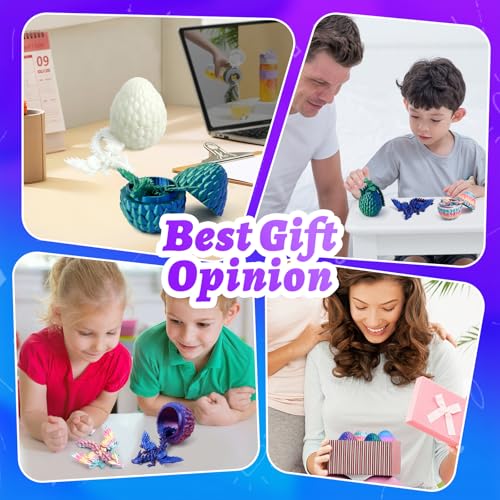 4 Pack 3D Printed Dragon Egg - Small Scale Egg with Winged Dragon Inside, Surprise 3D Printed Gift Toy, Desk Executive Pet, Figurine Decor（Purple Green Rainbow Glow - color: Purple+green Blue+candy Rainbow+glow Green