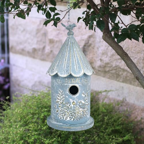 Metal Hanging Birdhouses for Outdoors Bird Houses for Outside Unique Bird Nest for Bluebird Wren Chickadee Sparrow Bird Nest Box for Garden Patio - color: Blue