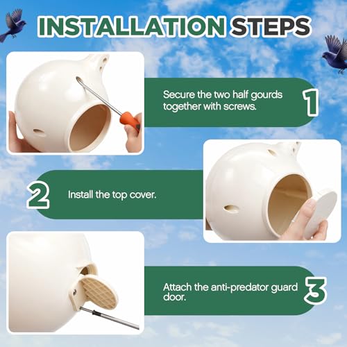 Yaocom 8 Pack Purple Martin Gourds, Plastic Martin Gourds with Circular Entrance, L-Shaped Shelf, Drainage System, Easy to Clean and Maintain Spacious Birdhouse