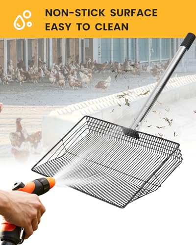 15" Extra Large Chicken Poop Scooper with Ergonomic Grip, Adjustable Length (24.6"–76.6"), Metal Sifting Shovel with Holes for Chicken Coop Cleaning, Multifunctional Chicken Manure Scoop