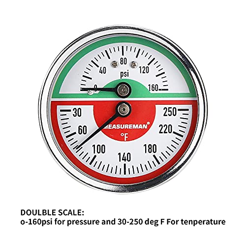 MEASUREMAN Tridicator, Thermo-Manometer Pressure Gauge, 2-1/2", 0-160psi/30-250 deg F, Black Iron Case, 1/4" NPT Back Mount - size: Back Mount-Dry