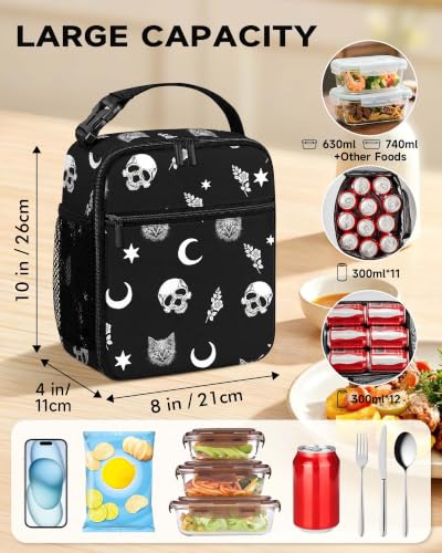 Lunch Box Girls Boys Women Insulated Lunch Bag, Gothic Skull Cat Moon | Reusable Lunchbox, Cooler Tote Bag with Cup Holder, Lightweight, High Capacity, Multiple Pockets for School Work Travel - color: Skull Cat Moon