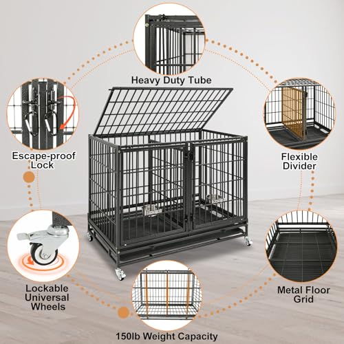 Homey Pet Taller 43 Inch Three Tiers Dog Crate Cage Kennel with Divider | Commercial Modular Dog Kennel with Dual Front Doors, Divider, Auto Locks, Removable Tray, Bowls for Small and Medium Dogs - size: 42.5"L x 28.0"W x 88.0"H