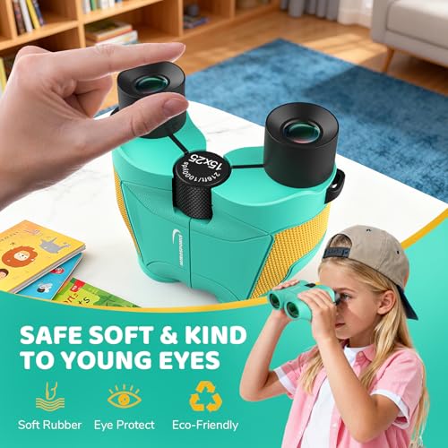 Aurosports 15x25 Compact Binoculars for Kids with Bird Guide Book, Green | Lightweight Easy Focus with Carrying Case & Strap; Durable Fully Coated; Birdwatching Cruise Travel Gift for 8-12 Boys Girls - color: Green