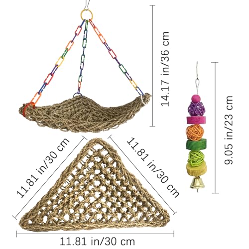 Seagrass Swing for Birds,Bird Seagrass Mat Hammock Edible Triangle Natural Woven Parakeet Swing Toys with Hooks Chewing Climbing for Parrot Budgies Lovebird Canary Cockatiel Finch Cockatoos - size: 【Hammock：11.81x11.81x11.81 IN】