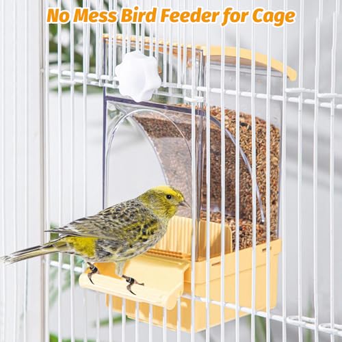 BNOSDM No Mess Bird Feeder Transparent Automatic Bird Cage Feeder with Perch Acrylic Parrot Food Container Parakeet Cage Accessories for Parakeets, Budgies, Cockatiel, Finch, Canary, Lovebird (Yellow) - color: Yellow