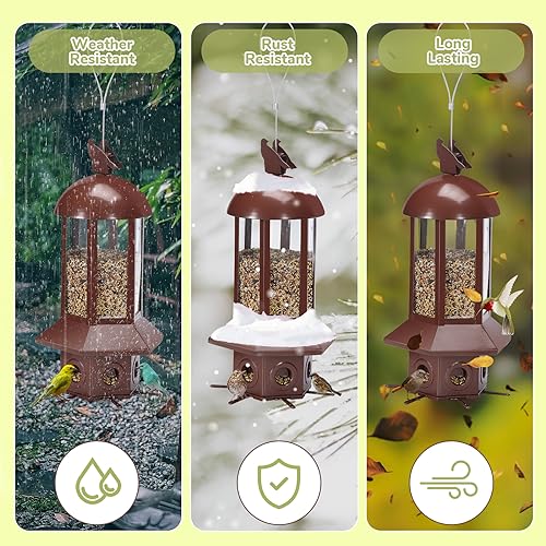 Squirrel Proof Bird Feeders, 5lbs Heavy Duty Metal (Brown) | Weight-activated mechanism bird feeders for outdoors, 6 Chew-proof feeding ports