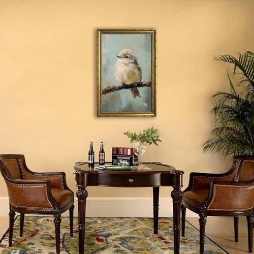 DR.RiftArt Cute Fluffy Bird on Branch Wall Art Rustic Farmhouse Decor | Vintage Gold Framed Bird Oil Painting Canvas Print, Animal Wall Decor for Living Room Bedroom Office, 16x24 Inch - color: Cute Bird, size: 24"L x 16"W