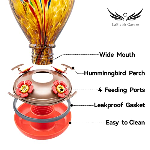 Hummingbird Feeder, 34OZ Hand Blown Glass Hummingbird Feeders for Outdoors Hanging, 4 Feeding Perch with Ant Moat Leakproof, Garden Yard Decor Gifts for Women Mom (Golden Balloon) | Decorative Self Hanging Nectar Bird Feeder for Hummingbirds, Garden Patio