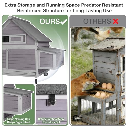 GUTINNEEN Large Chicken Coop with Wheels for 6-8 Chickens, Mobile Wooden Hen House with 2 Nesting Boxes, Removable Tray, Weatherproof Roof, Expandable Outdoor Poultry Cage - size: 67.3"L x 40"W x 49.8"H