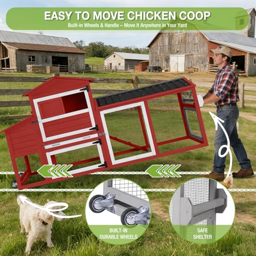 GUTINNEEN Large Outdoor Chicken Coop with Run, Mobile Hen House for 4-6 Chickens, Wooden Poultry Cage with Wheels, 2 Nesting Boxes, Waterproof Roof, Removable Pull-Out Tray-Red - size: 72.3"L x 26.0"W x 39.4"H