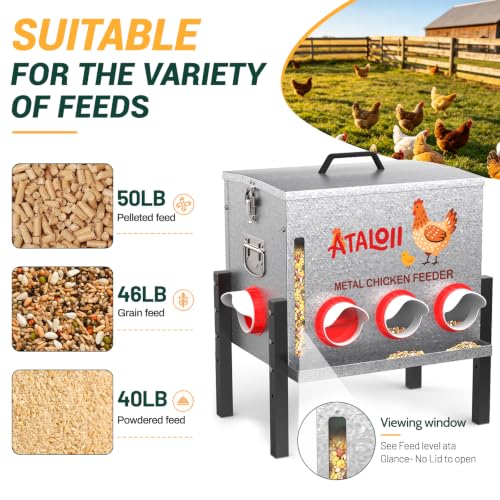 10gal 50LB Large Automatic Chicken Feeder with Window, Food Tray - No Waste | No Spill, Rust-proof Alloy Steel Poultry Feeder, Waterproof Metal Chicken Feeder for Indoor & Outdoor Chicken Coops (8 Ports - size: 10gal