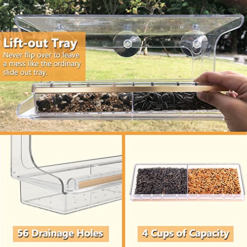 LUJII Shatterproof Window Bird Feeder with Strongest Suction Cups, Polycarbonate Window Mount Feeder with Crystal Clear View & Life-Out Tray, Fits Bigger Birds Like Cardinal or Blue Jay, Clear - color: Clear, size: M