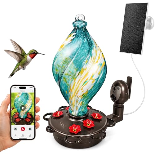 LUJII Smart Hummingbird Feeder with Camera for Outdoor Hanging, Hand Blown Glass, Solar WiFi Feeder with Live View App, 6 Feeding Ports, Leak-Resistant Design, Ant Moat & Gift Box, 28 fl oz, Teal - color: Teal, size: Large