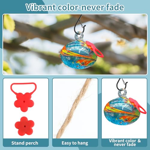 Pozfun Small Hummingbird Feeders for Outdoors Hanging,Hand-Blown Glass Hummingbird Feeder with Silicone Feeding Perch,Never Leak,Gardening Gifts for Woman Man(Blue) - color: Blue