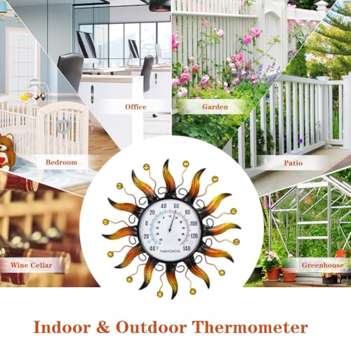 VEWOGARDEN 13.5 Inch Metal Sun Outdoor Thermometer Waterproof Decorative Wall Indoor Outdoor Thermometer for Patio, Garden & Home Decor - style: Sun(yellow)