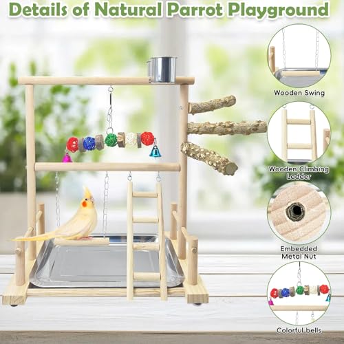 kathson Bird Playground Parrot Perch Stand Toys, Birds Wood Play Gym Activity Center Exercise Playpen Ladder Swing with Feeder Cups Chewing Toy(Include a Tray) - size: Two floors