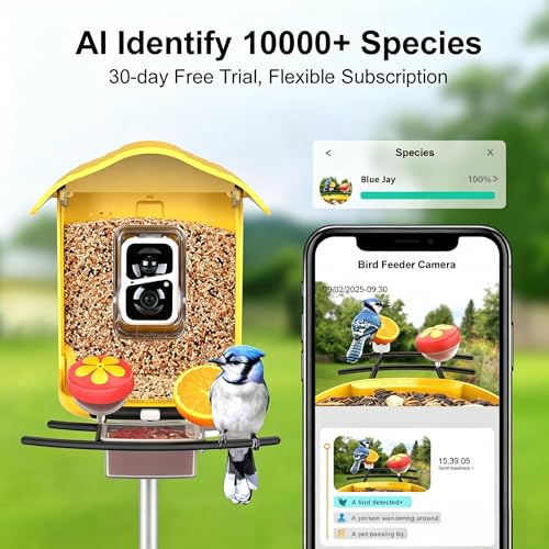 birdsnap® PAV Bird Feeder with Camera Solar Powered 2K Live Video 64GB Card | AI Bird Species Identification, Instant Arrival Alerts, IP65 Waterproof, Wild Bird Feeders for Outdoors, Gift for Bird Lovers - color: Dark Yellow