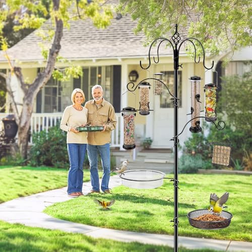 Bird Feeding Station, 90.55in 6-Hook Wild Bird Feeder Stand Pole with Water & Mesh Tray Humming Bird Feeders for Outdoors Easy Assembly for Courtyards Gardens (Black) - size: 90.55in