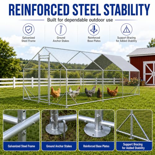 Large Metal Chicken Coop Run with Removable PE Cover, Walk-in Galvanized Steel Poultry Enclosure with PVC-Coated Wire Mesh and Lockable Door for Chickens, Ducks and Rabbits (10' Lx20' Wx6.56' H) - size: 240.0"L x 120.0"W x 78.7"H