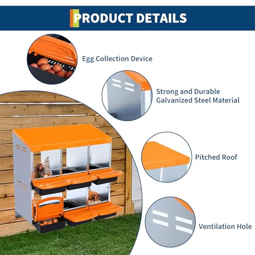 Chicken Nesting Box, 6 Compartment Roll Away Design for High-Volume Egg Collection and Easy Wall Mounting with Metal Legs - color: Orange, size: 6 holes