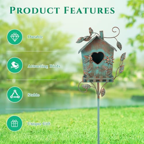 DREAMSOUL 48" Rustic Bird House Pole, Green Birdhouse for Patio | Metal Bird Houses for Outside Garden Yard Accent, Weatherproof Finish, Ornamental Aviary Style - style: Rustic