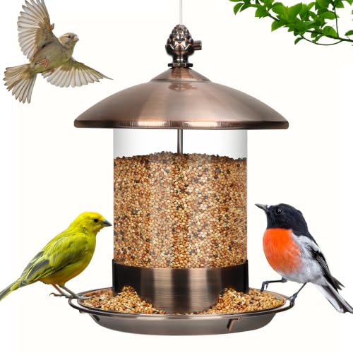 Gbekery Metal Bird Feeders for Outdoors Hanging, Weather Resistant Wild Bird Feeder with 360 Degree Feeding Tray, Copper - color: Copper
