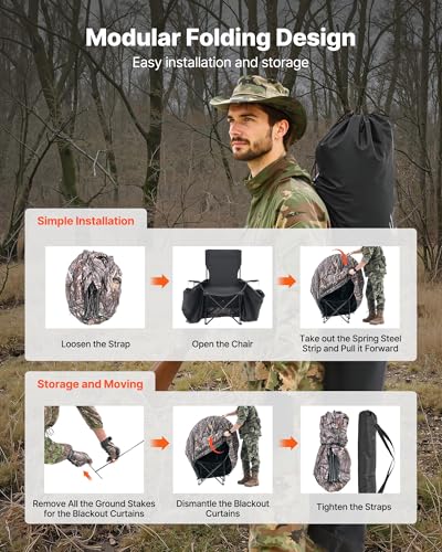 VEVOR Hunting Blind，See Through Ground Blinds with Carrying Bag, 360 Degree Portable Camouflage Tent，Durable Concealed Shelter with Silent Side Door and Window, for Turkey and Deer - size: Single Person