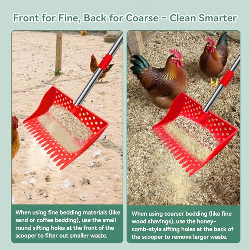12" 2-in-1 Chicken Poop Scooper & Rake, 3-Shape Sifting Holes Chicken Coop Rake, Stainless Steel Handle (20–61") - Litter Scooper & Sand Sifting Shovel (U.S. Patent No. D1124534) - Red - color: Red