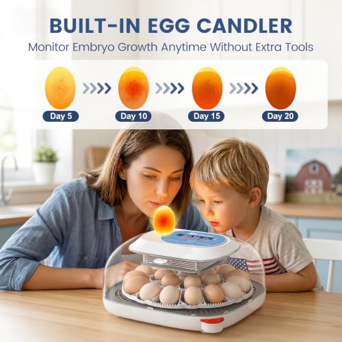 Sailnovo 24 Egg Incubators for Hatching Eggs with 4 Modes, 360° View, Blue | 24-48 Egg Capacity, for Chicken Quail Duck, Automatic Egg Turning, Temperature Control, Humidity Display,Built-in Candler