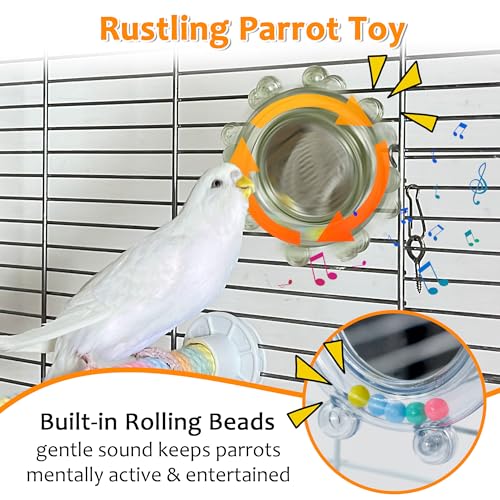 2Pcs Innovative Bird Toy with Mirror, Spinner Toy with Rustling Beads | Safely Embedded No Sharp Edges Parakeet HD Mirror for Cage, Flexibly Mounted Rotating Budgie Enrichment Fits Any Cage - style: 2pcs with mirror