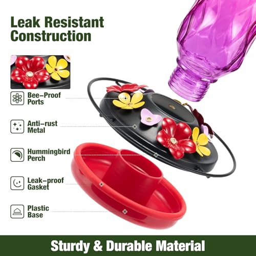 Kingsyard Glass Hummingbird Feeder for Outdoors Hanging, 20 oz Leak-Proof Wild Bird Nectar Feeders with 9 Bee Guard Ports & Ant Moat, Garden Yard Art Decor Gifts for Mom, Purple - color: Purple