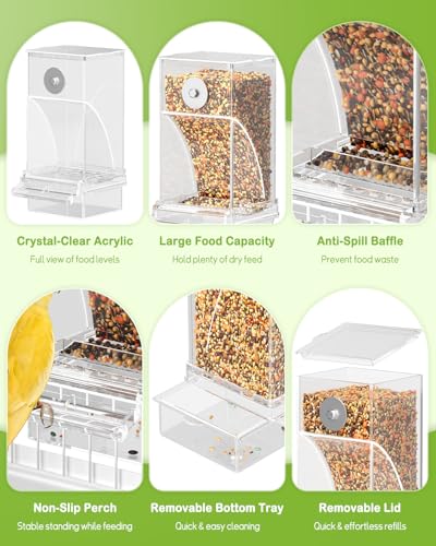 Pawfly Automatic Bird Feeder, Bird Feeder for Cage, No Mess Bird Feeder, Clear Acrylic Bird Cage Feeder, Parrot Feeder for Parakeet, Cockatiel, Budgie & Small Birds