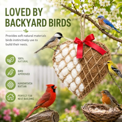 Bird Nesting Material Holder, Hanging Nesting Material Dispenser, Bird Nest Builder with Natural Cotton & Coconut Fiber, Heart Shaped Rattan Holder for Bluebirds, Chickadees, Finches