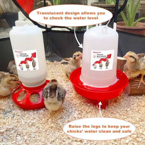 2-in-1 Chick Starter Set: 0.3 Gal Feeder & 0.4 Gal Waterer Red | Chick Feeder and Waterer with Adjustable legs, Anti-drowning, Anti-tip and Hanging Hooks Design for Baby Chicks - color: Red