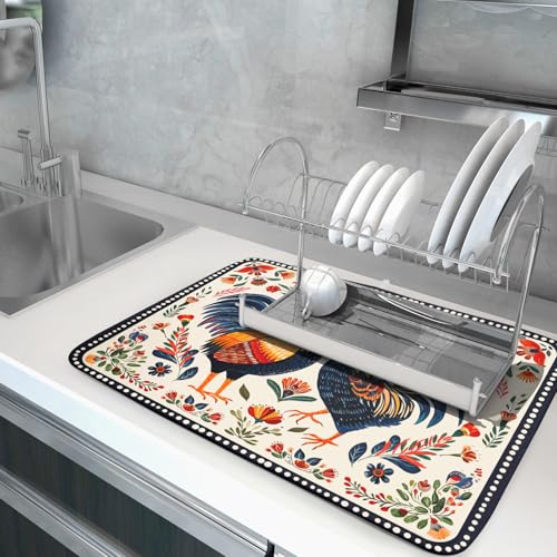 Rooster Poultry Dish Drying Mat for Kitchen Counter 18x24 Inch Microfiber Absorbent Colorful Printing Drying Pad - color: Chicken Art White, size: 24" x 18"