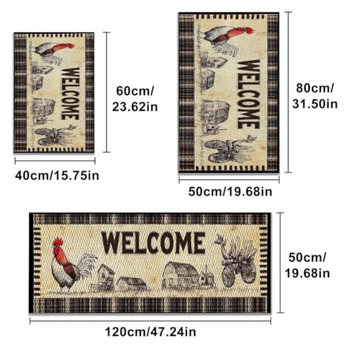 Farmhouse Kitchen Rugs Set of 3, Non Slip Washable Durable Stain Resistant Floor Mat Set,Red Rooster WELCOME Pattern Warm Home Decoration,Rooster Welcome Retro Kitchen Runner Rug 16"X24"+20"X32"+20"X4 - color: Multicolour-red Rooster Welcome