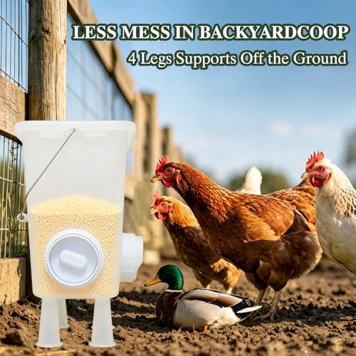 Chicken Feeder with No Waste Ports, Automatic Poultry Feeder for Chickens, Gravity Chicken Feeders Kit for Outdoor Coop, 2.8 Gal-Capacity Bucket with Legs