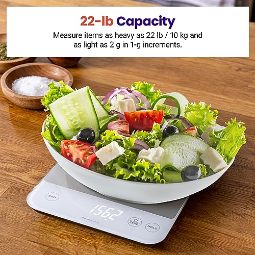 Etekcity 22lb Food Kitchen Scale, USB Rechargeable, IPX6 Waterproof | Digital scale with grams & ounces, 1g precision, 5 weight units, tare, ideal for baking and meal prep, White - color: Achromatic White