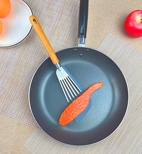 KLAQQED Fish Spatula Set for Nonstick Cookware Flexible Metal Fish Spatula Stainless Steel Small Fish Slotted Spatula Turner with Wood Handle - color: White, Wood