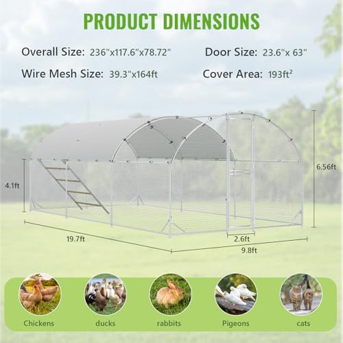 Large Metal Chicken Coop Runs for Yard with Cover, 10x20x6.5 | Perch Bars, Split Doors, Waterproof Covers, Mesh Wire - color: Round Top, size: 236.2"L x 118.1"W x 78.7"H