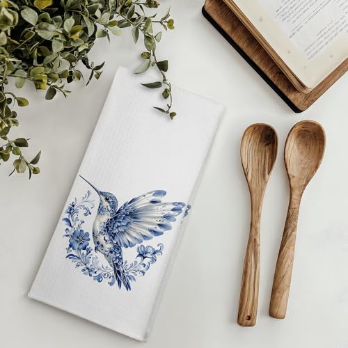 Blue and White Floral Hummingbird Kitchen Towels, Chinoiserie Spring Flower Bird Dish Tea Towels for Kitchen, Grandmillennial Birding Decorative Hand Towel for Bathroom, 16x24 Inches - color: Color 25