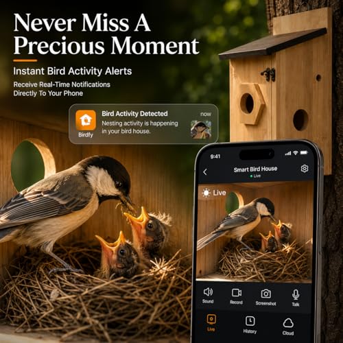 Smart Bird House with Camera - Solar Powered AI Bird Feeder with 4MP Color Night Vision, AI Species Recognition & IP66 Waterproof, Ideal Gift for Bird Lovers | 4MP Color Night Vision Camera, AI Bird Recognition, Solar Powered, 2.4GHz WiFi, Easy Setup, Sma