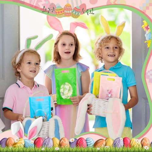 TaoBary 100 Pcs Pastel Plastic Treat Bags with Windows Sealing Resealable Bags with Handle Bunny Egg Goodie Gift Pouch Stand up Candy Bag for Spring Summer Party Gift Wrapping Supplies - color: Pink, Blue, Green, Yellow, style: Pastel