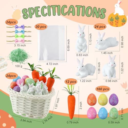 Cinnvoice 24 Sets Mini Easter Party Favor Supplies, Mini Easter Baskets with Eggs, Bunnies, Carrots, Grass & Opp Bags for Spring Egg Hunts, DIY Crafts (White) - color: White